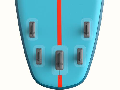 The underside of the Weekender Crew Multi-Person Inflatable Paddle Board showcasing five slide-in grey fins.