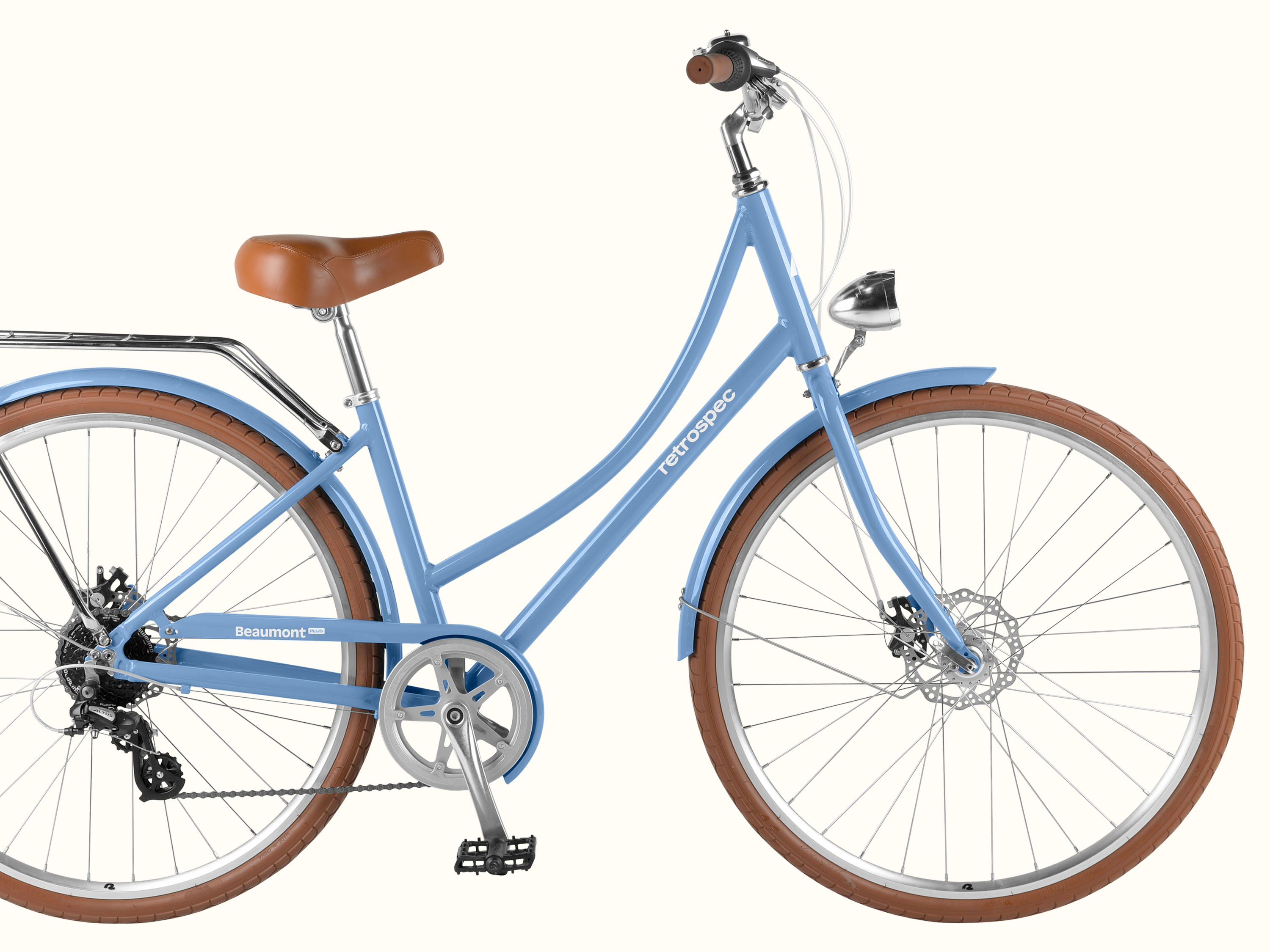 Beaumont Plus City Bike - Step Through 8 Speed light blue retro-style bicycle with brown saddle and grips, white sidewall tires.