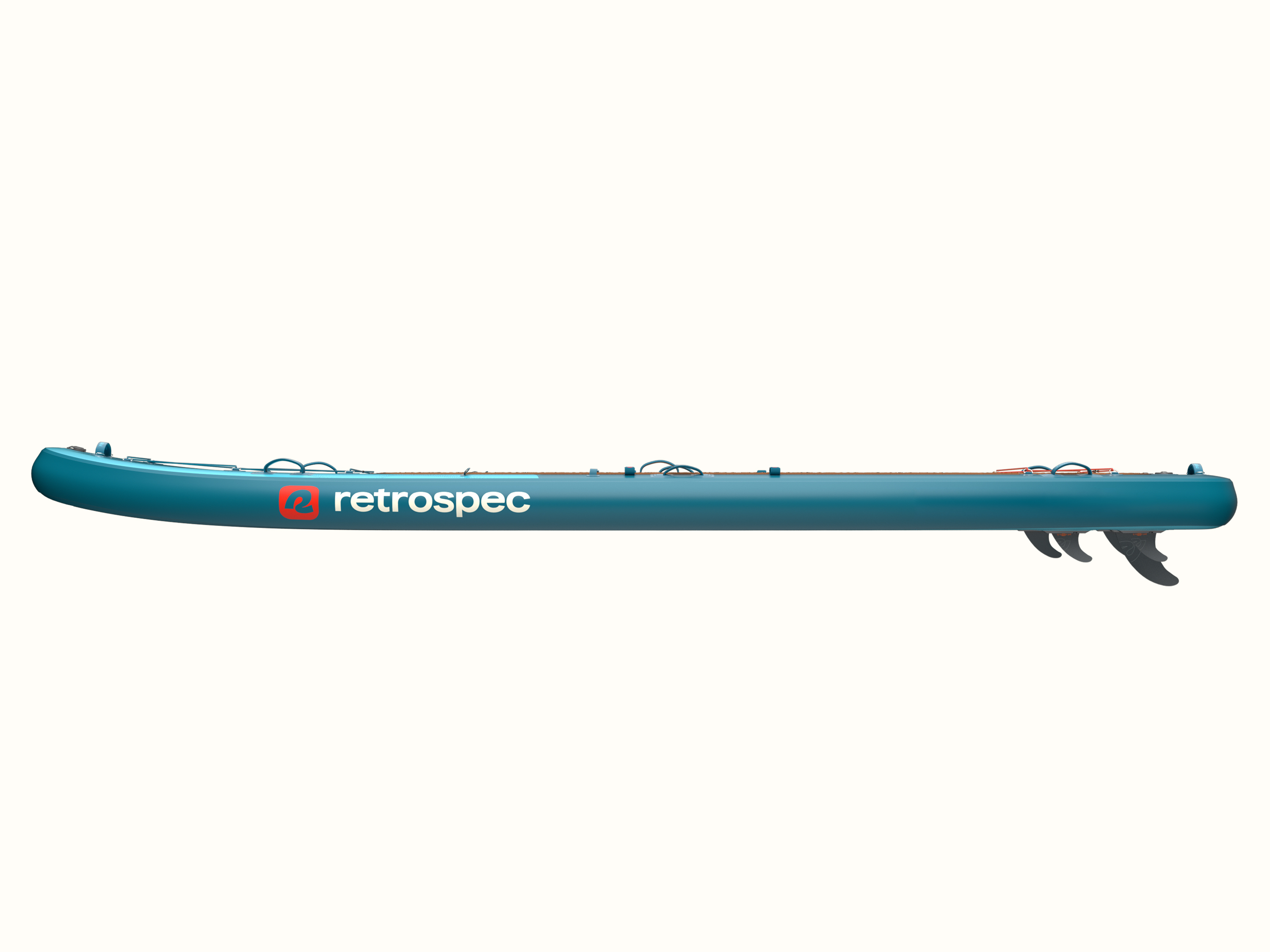 Side profile of the retrospec Weekender Crew XL inflatable Paddle Board in Aegean Tide showing the full length and fin setup.