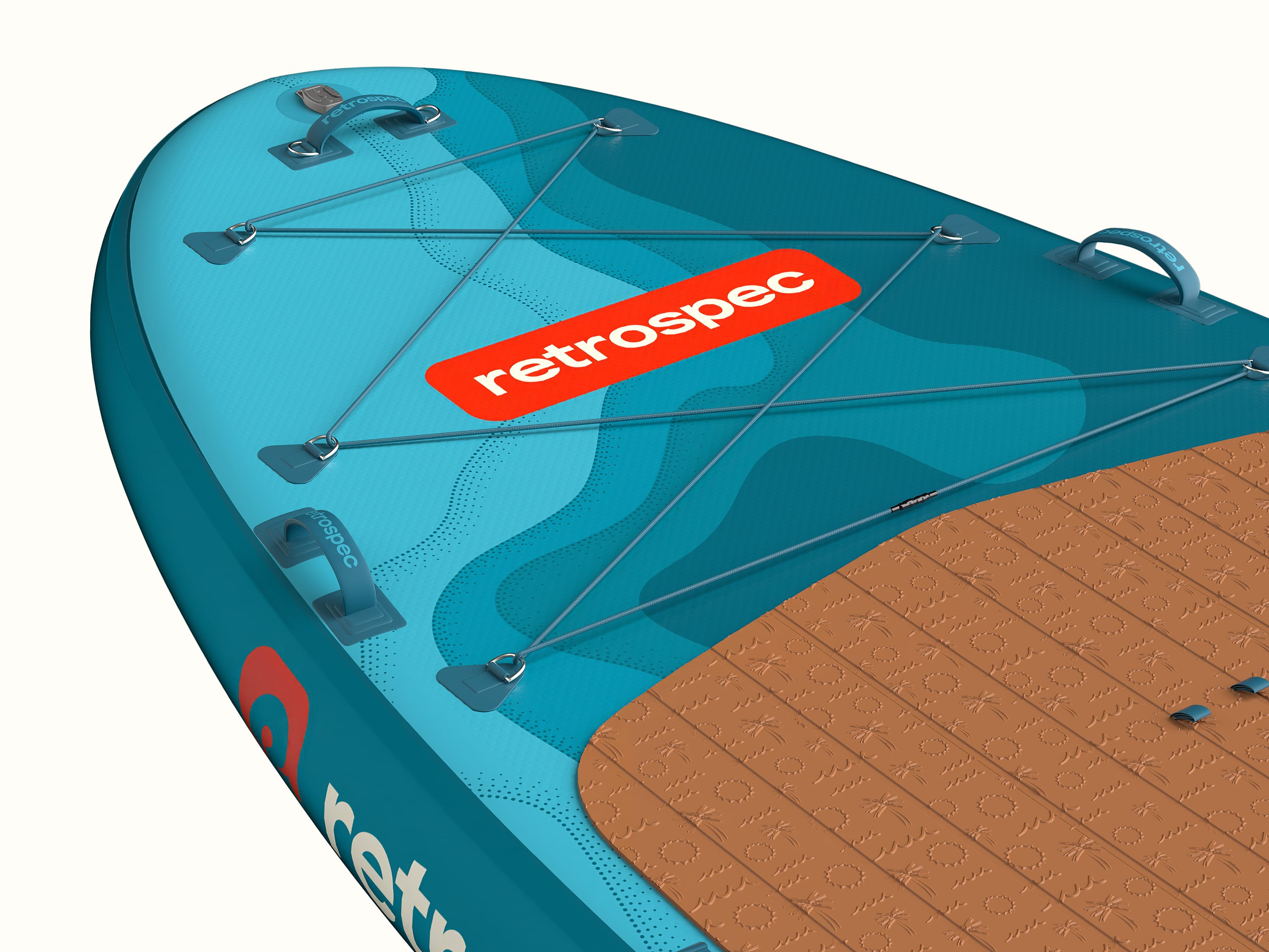 Nose of the retrospec Weekender Crew XL inflatable Paddle Board showing bungee cargo storage and retrospec branding.

