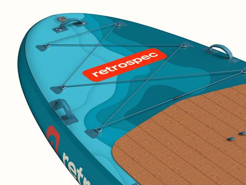 Nose of the retrospec Weekender Crew XL inflatable Paddle Board showing bungee cargo storage and retrospec branding.

