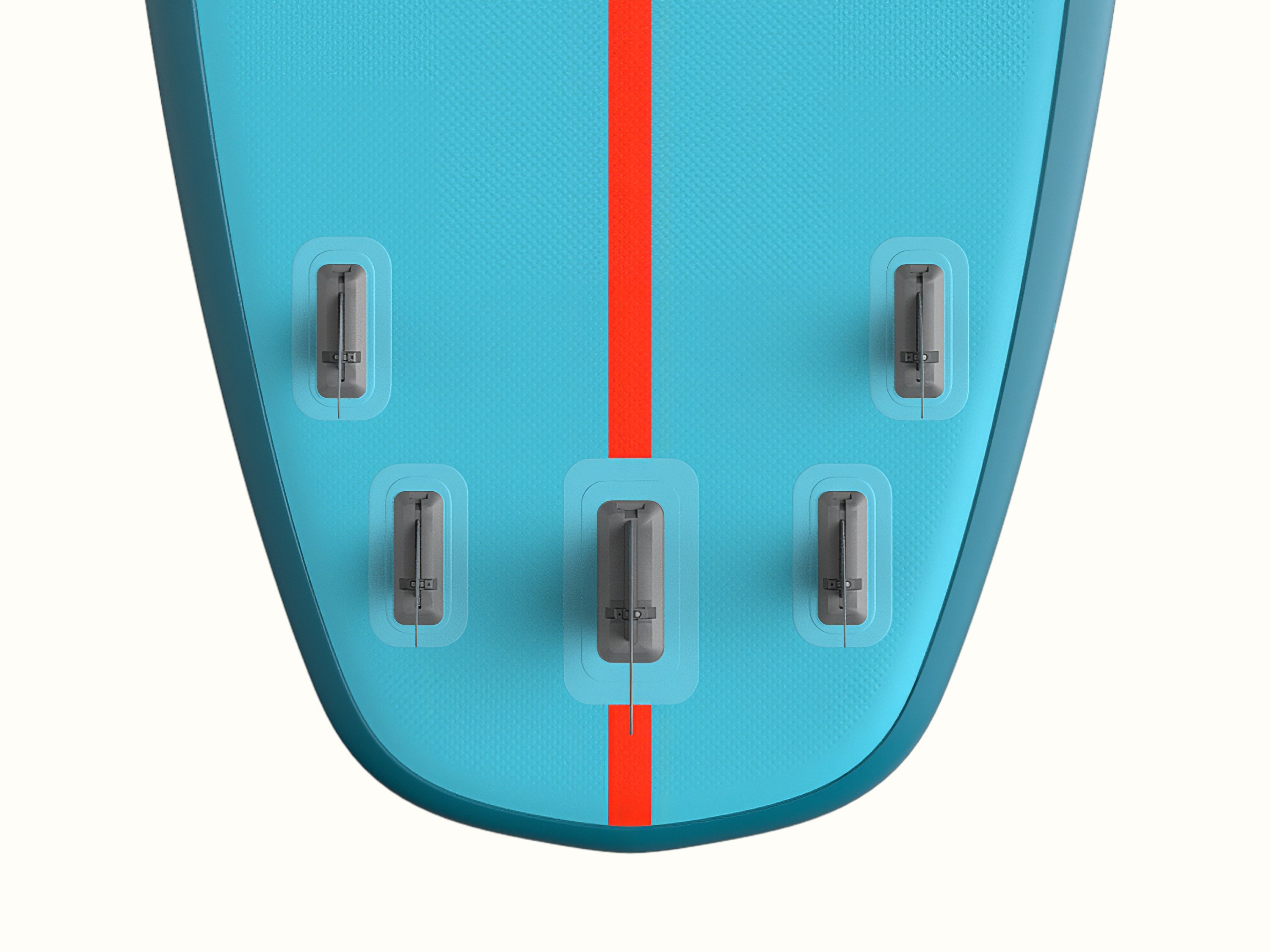 Underside of the retrospec Weekender Crew XL inflatable Paddle Board showing the six-fin configuration and center stripe.
