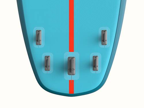 Underside of the retrospec Weekender Crew XL inflatable Paddle Board showing the six-fin configuration and center stripe.