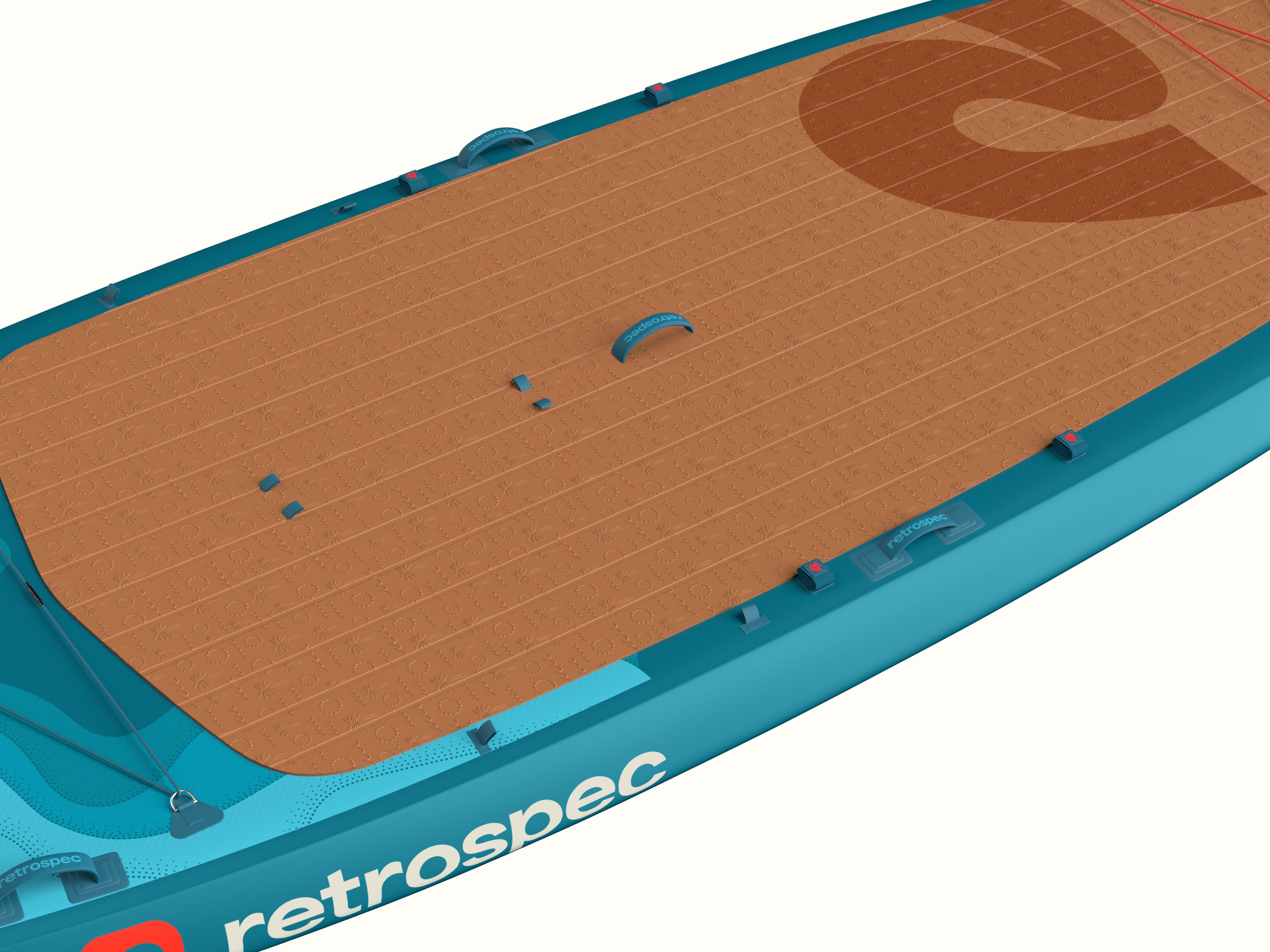 Overhead angle of the cork-colored deck pad on the retrospec Weekender Crew XL inflatable Paddle Board.