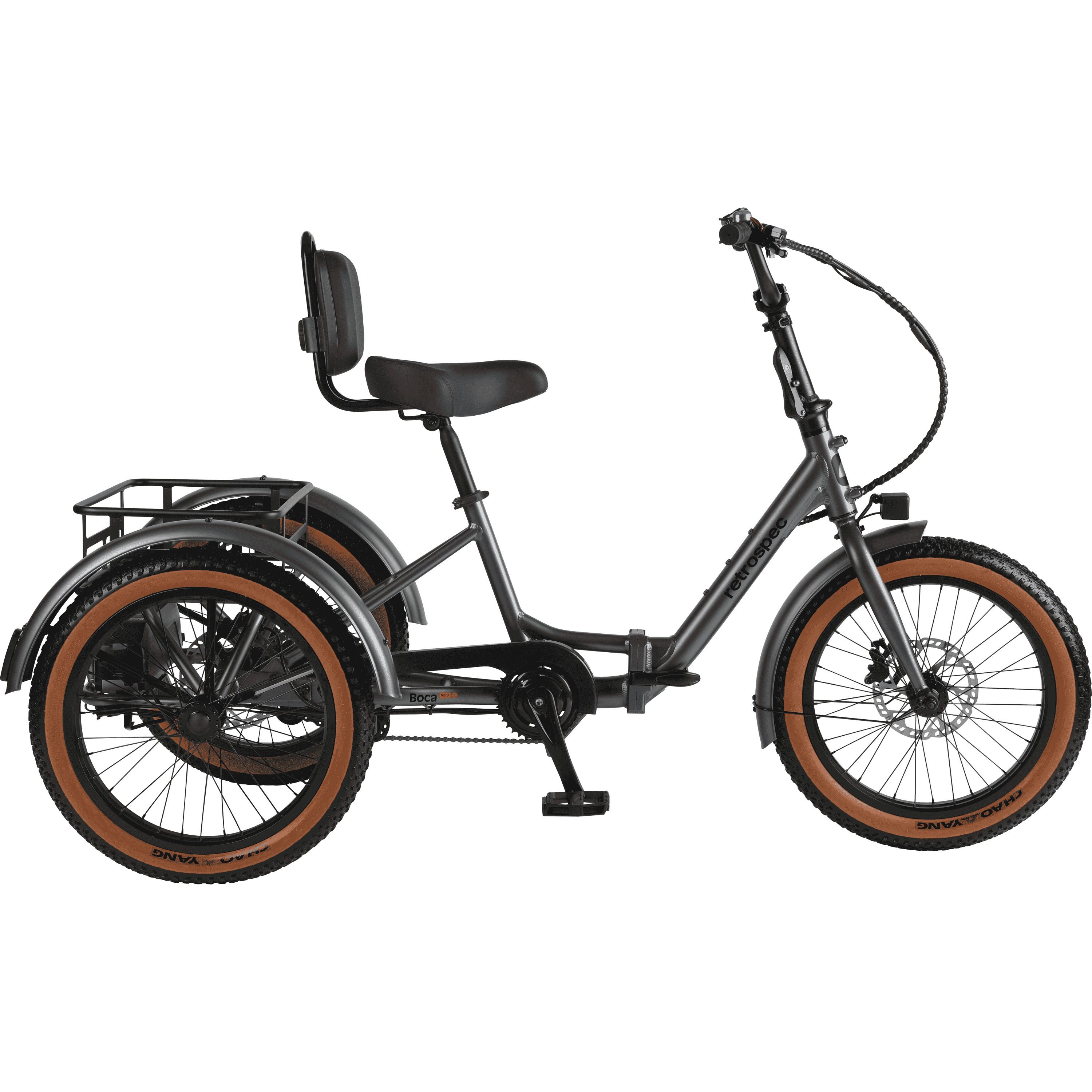 The Boca Rev 2 Electric Trike in Matte Graphite with no background.