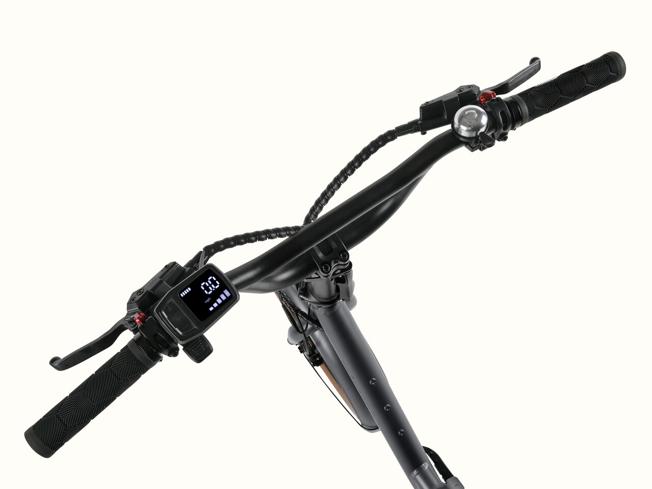 A close-up of the Matte Graphite Boca Rev 2 Electric Tricycle's handlebars.