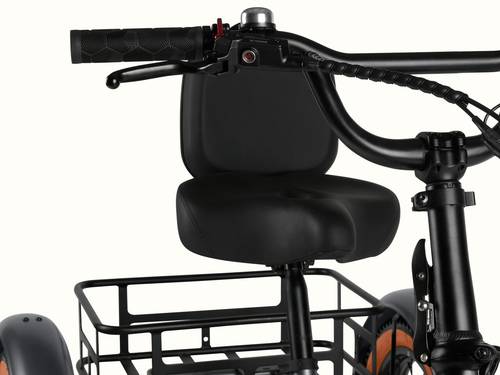 A cropped image of the Matte Graphite Boca Rev 2 Electric Tricycle focusing on the cushioned seat.