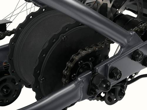 A close-up of the Matte Graphite Boca Rev 2 Electric Tricycle's brakes.