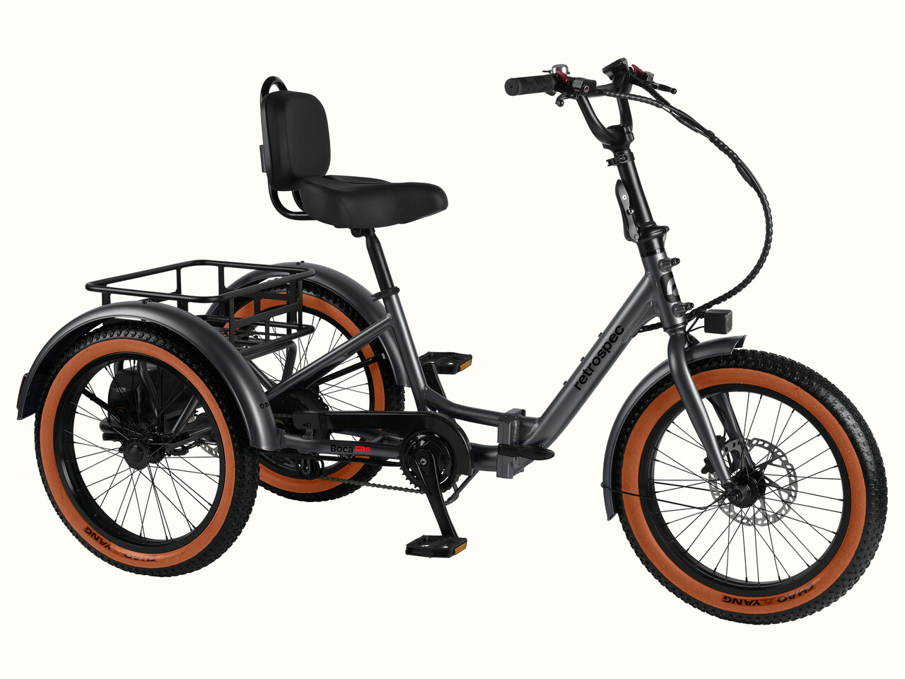 The Matte Graphite Boca Rev 2 Electric Tricycle on a white background.