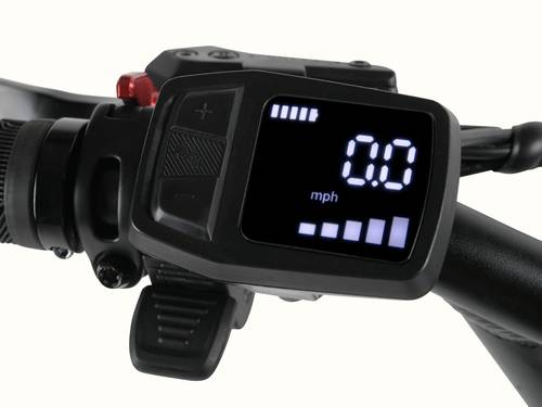 A close-up of the Matte Graphite Boca Rev 2 Electric Tricycle's black and white display mounted on the left handlebar pictured on a white background.