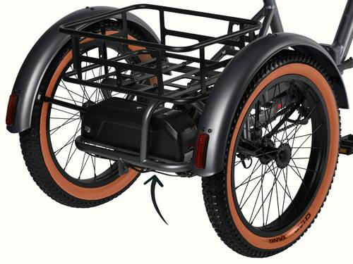 A close-up of the Matte Graphite Boca Rev 2 Electric Tricycle's battery on a white background.