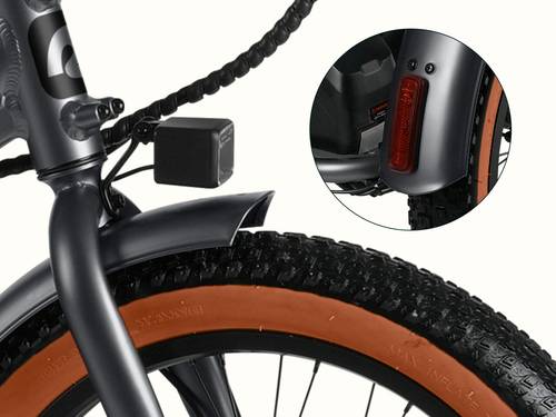 A close-up of the  Matte Graphite Boca Rev 2 Electric Tricycle's headlight and taillights on a white background.