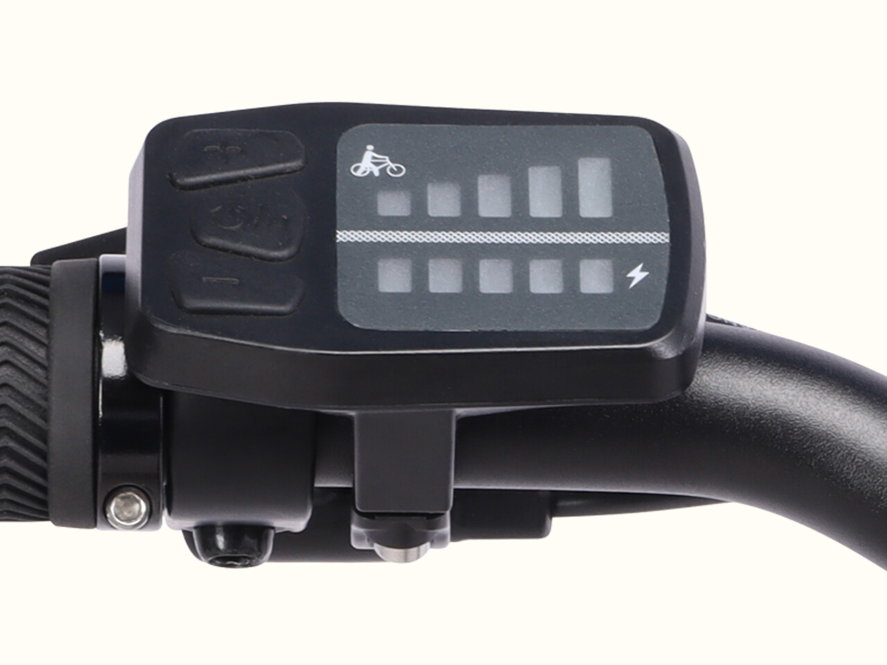 Close-up of an electric bicycle control panel, featuring buttons and a battery level indicator with a bicycle icon.
