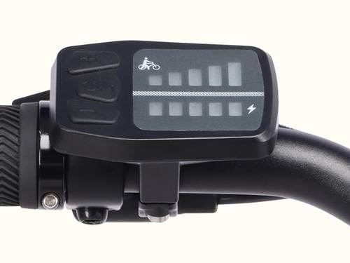 Close-up of an electric bicycle control panel, featuring buttons and a battery level indicator with a bicycle icon.