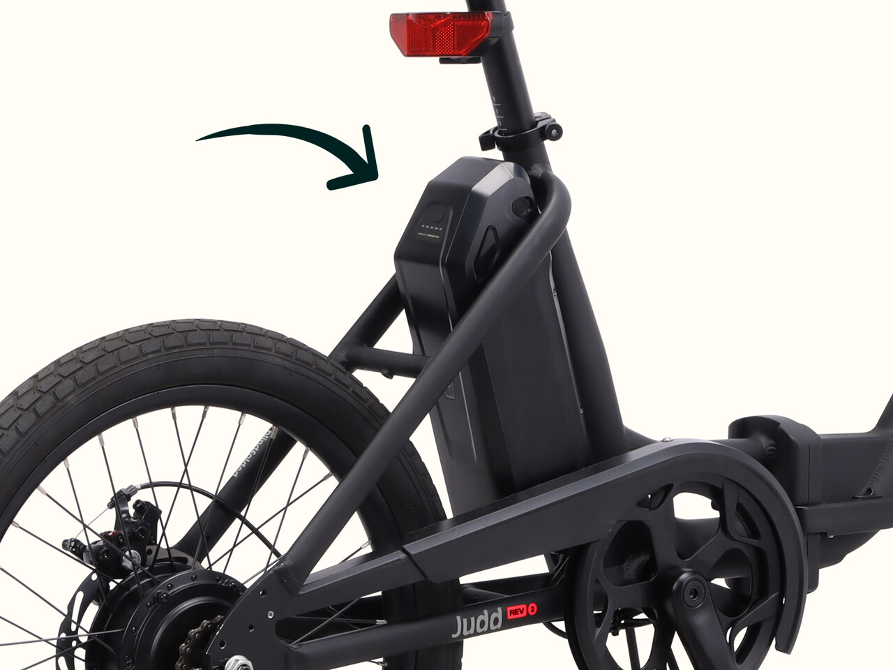 A close-up of an electric bike's rear battery, highlighting its sleek design and integration within the frame.