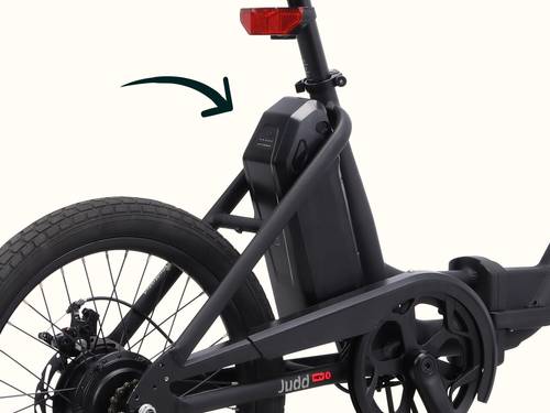 A close-up of an electric bike's rear battery, highlighting its sleek design and integration within the frame.