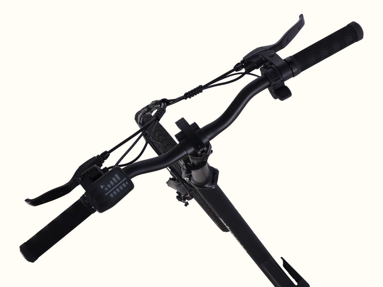 Close-up view of the Judd Rev 2 Folding Electric Bike's black bicycle handlebar with grips, brakes, and a battery indicator.