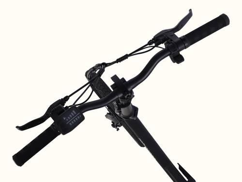 Close-up view of the Judd Rev 2 Folding Electric Bike's black bicycle handlebar with grips, brakes, and a battery indicator.