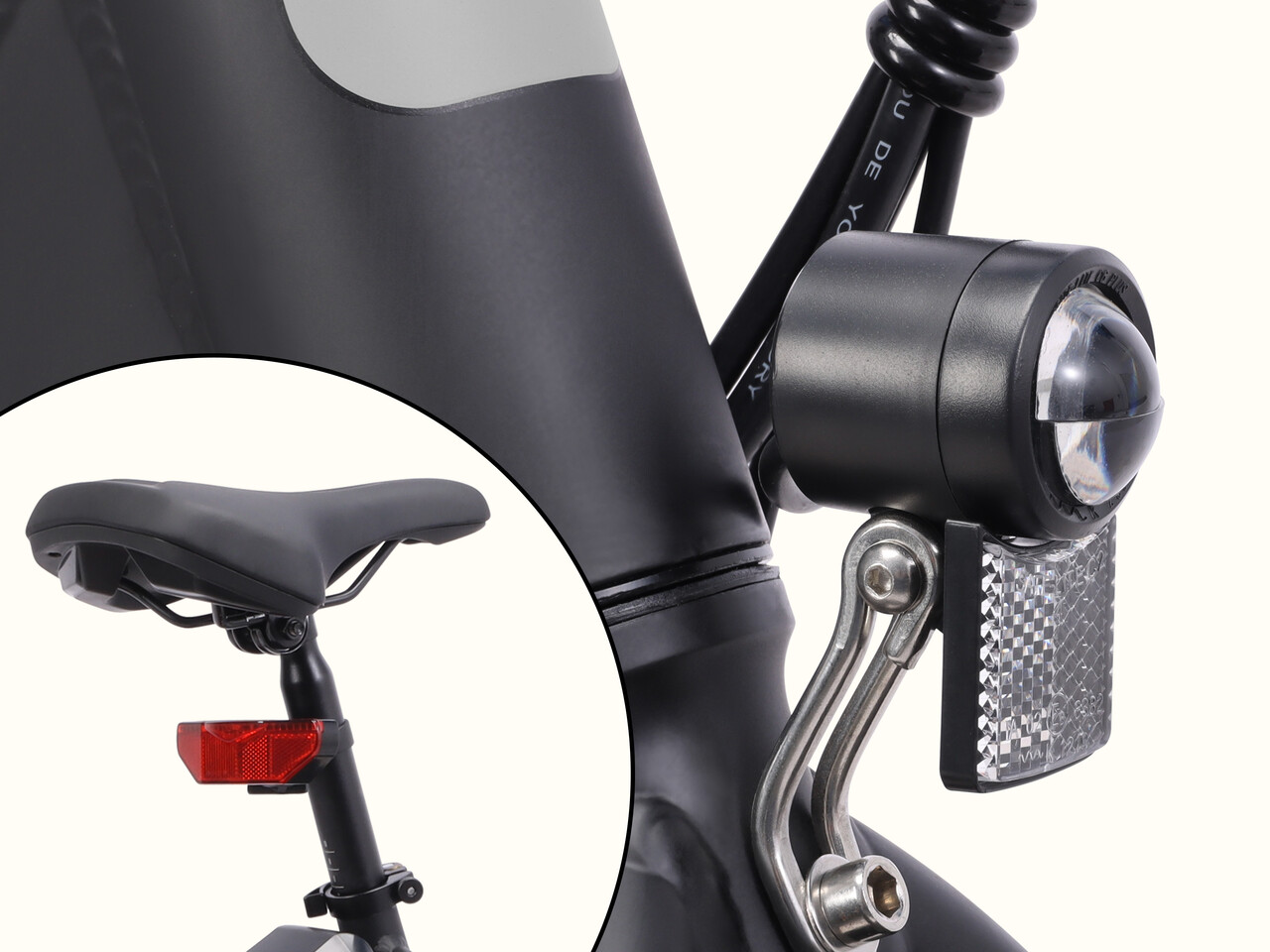 A close up of the Judd Rev 2 Folding Electric Bike's headlight and taillight.