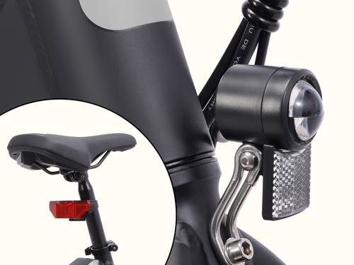 A close up of the Judd Rev 2 Folding Electric Bike's headlight and taillight.