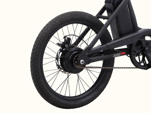 A close-up of the Judd Rev 2 Folding Electric Bike's rear wheel.