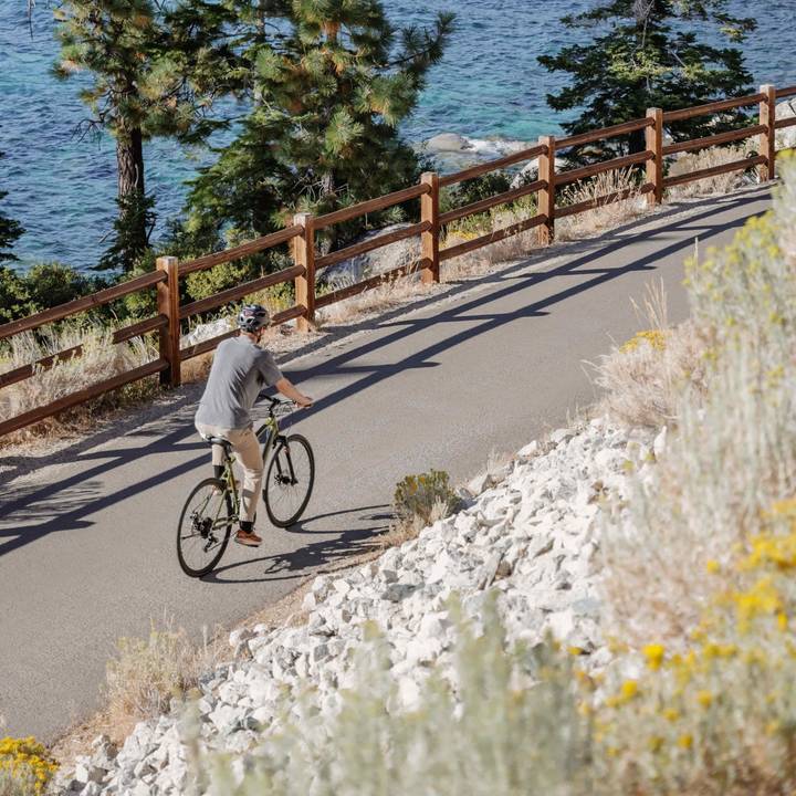 Person cycling on a paved path near water with a wooden fence and trees.