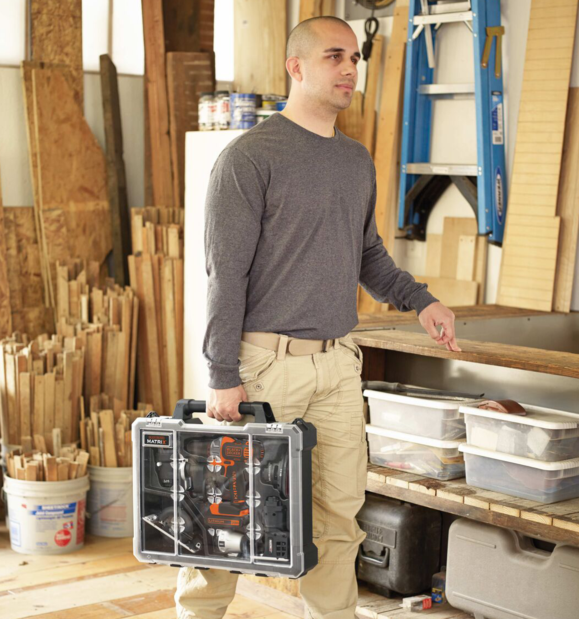 Matrix storage bag being carried by a person.