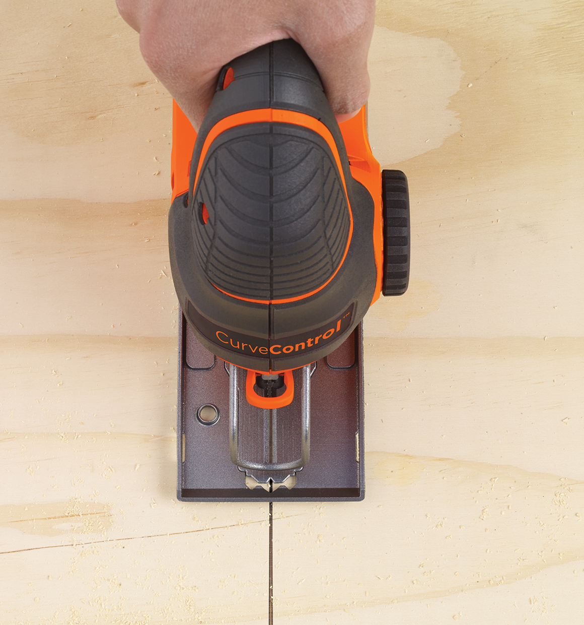 Overhead view of Smart Select Jig Saw cutting plywood.