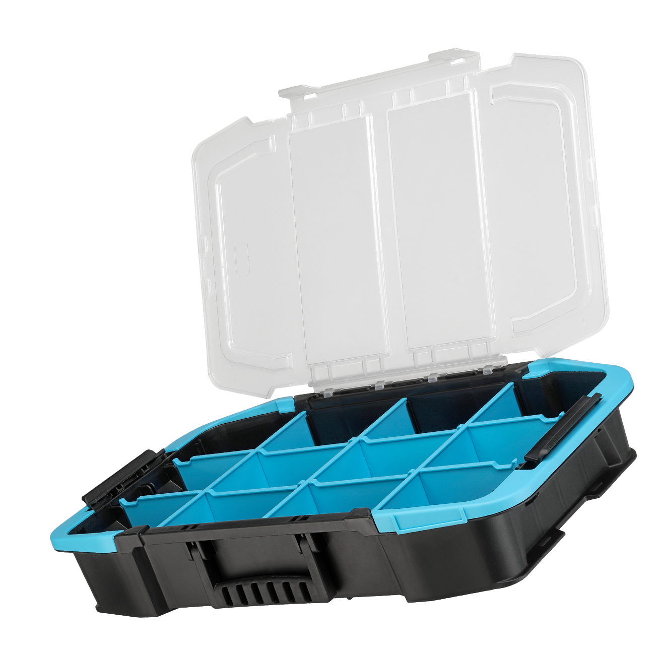 19" stackable storage organizer with clear lip opened.