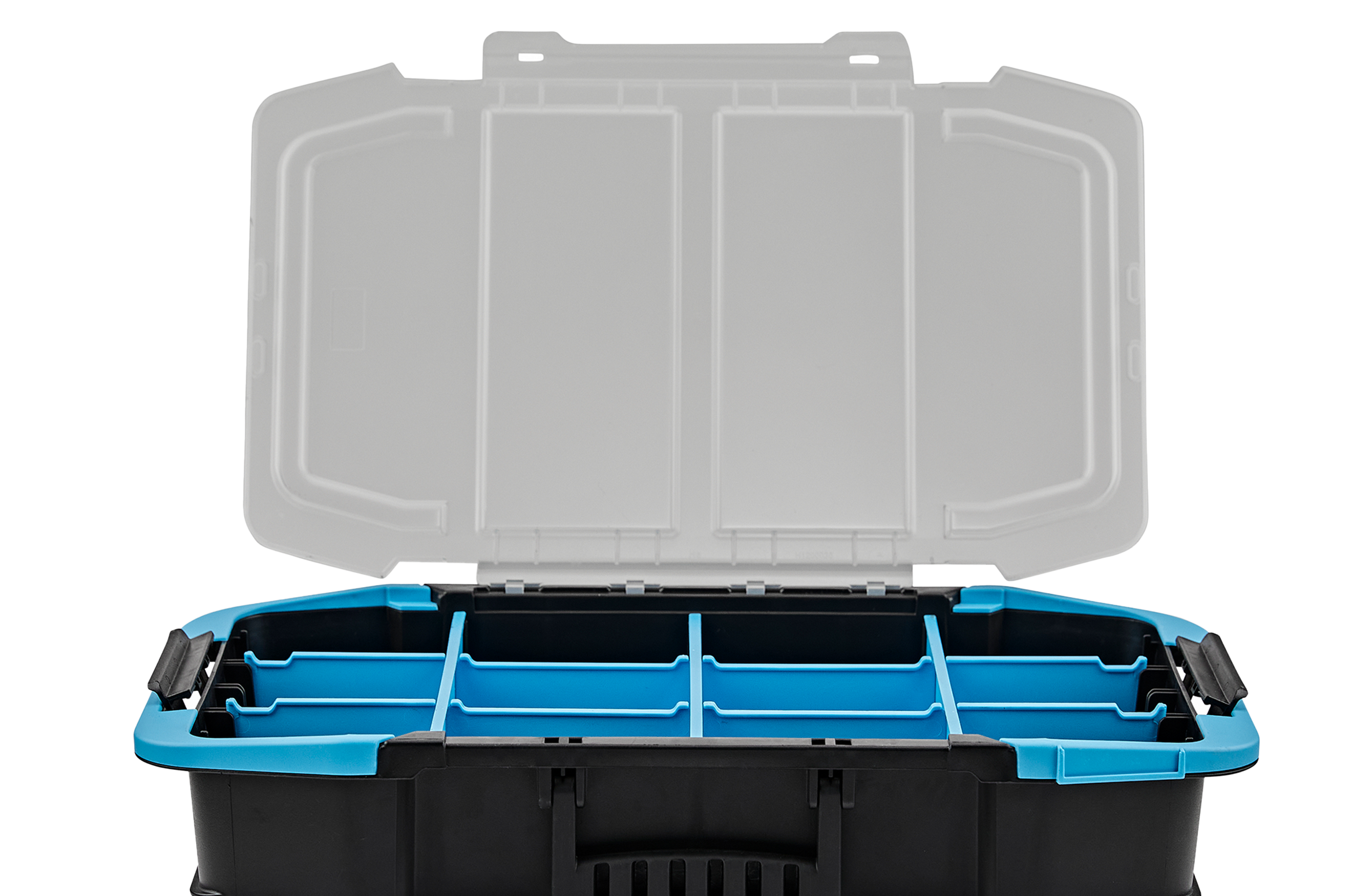 19" stackable storage organizer with clear lid opened up.