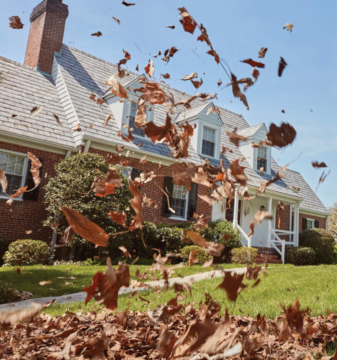 leaves blowing in the air in front of a house