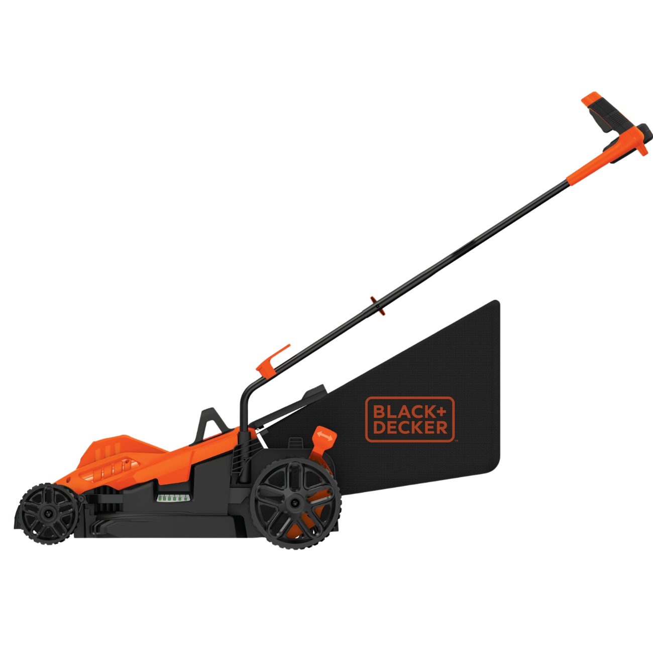 Profile of 10 amp 15 inch electric lawn mower with comfort grip handle .