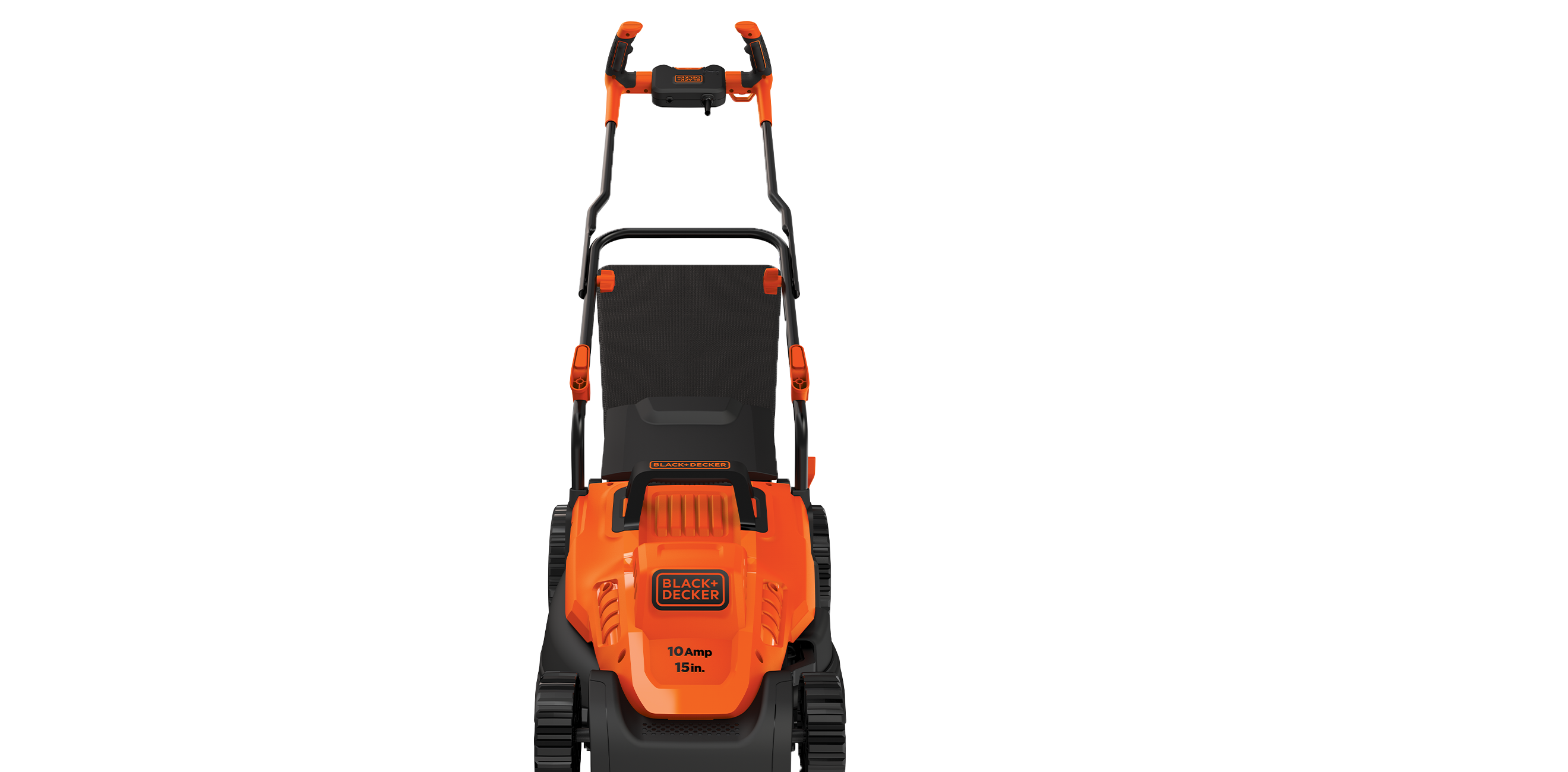 Profile of 10 amp 15 inch electric lawn mower with comfort grip handle.