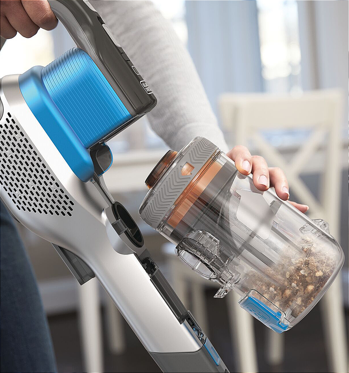 Rotatable head feature of a power series extreme cordless stick vacuum cleaner.