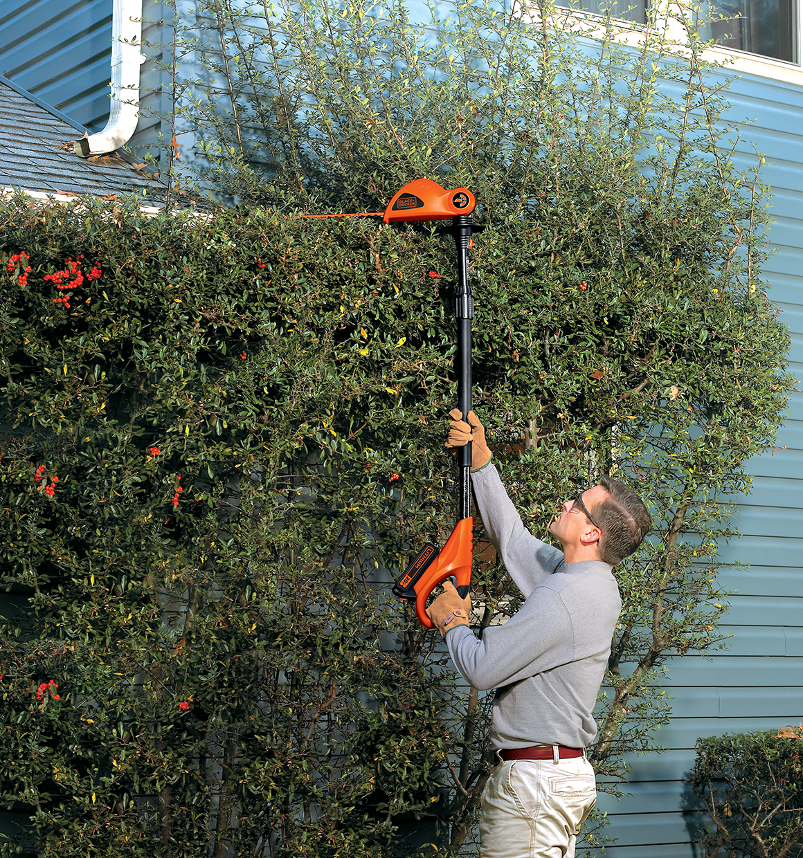 20 volt MAX Lithium Pole Hedge Trimmer being used by a person on hedges.