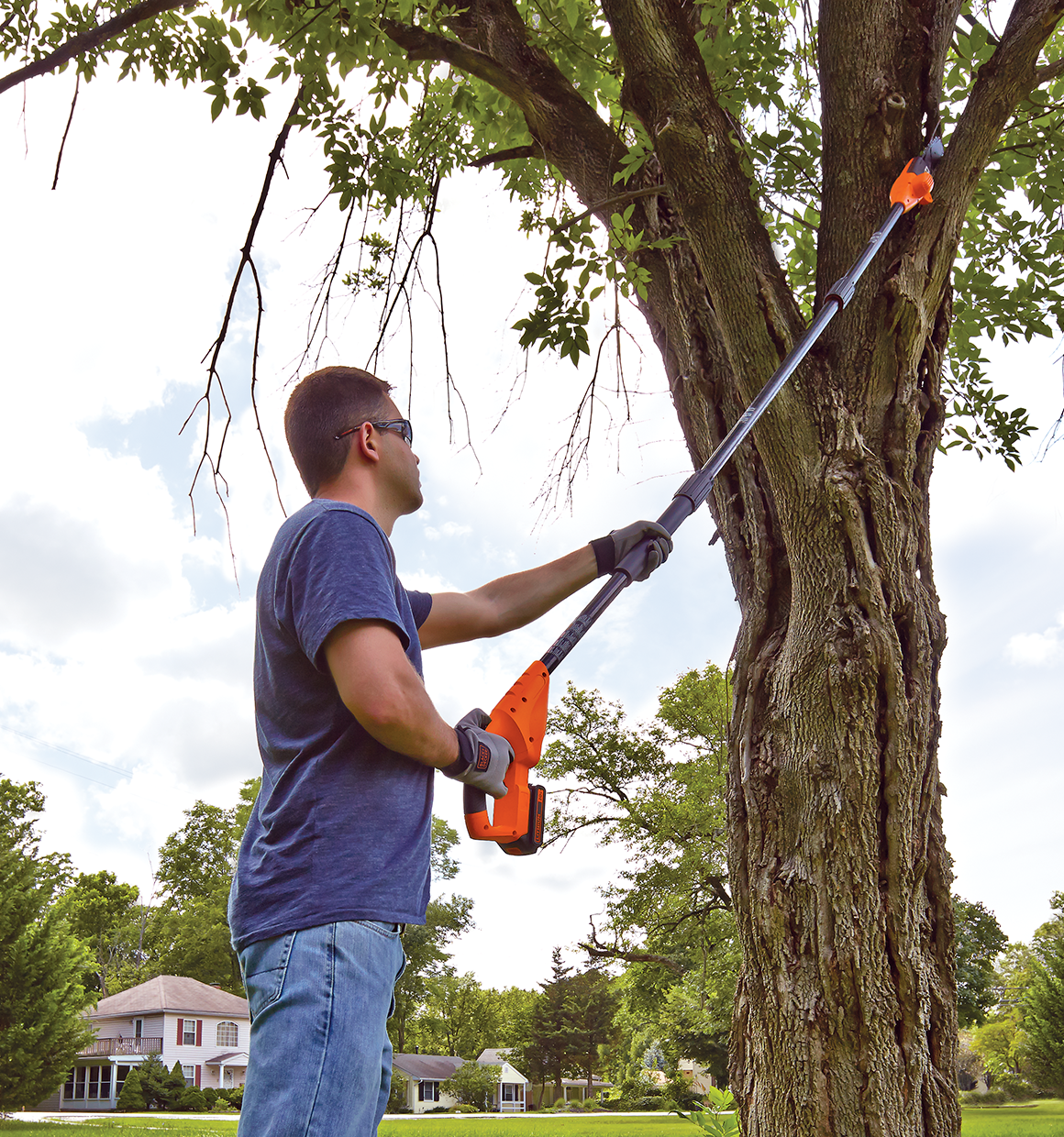 20 volt lithium pole pruning saw being used by a person.