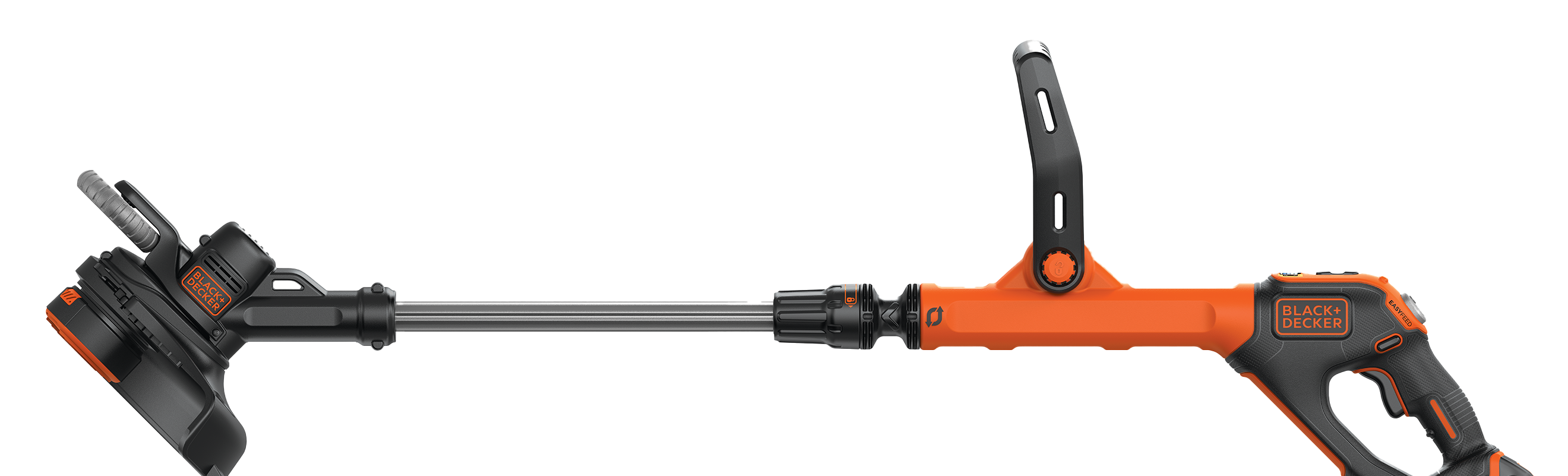 Profile of lithium easyfeed string trimmer and edger with 1 lithium ion battery.