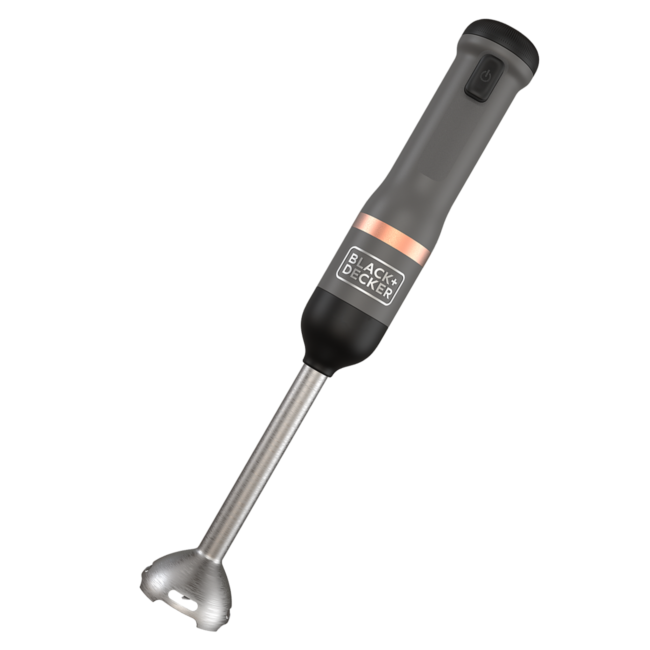 Front view of the grey, BLACK+DECKER kitchen wand with immersion blender attached