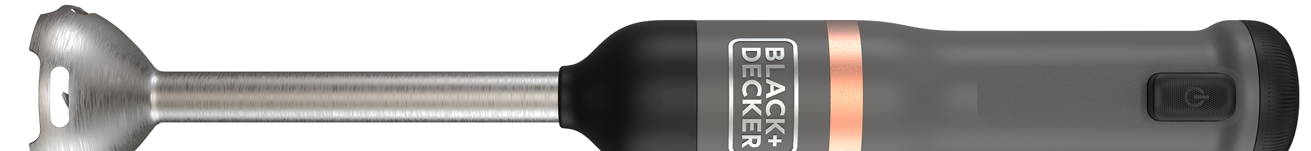 Profile view of the grey, BLACK+DECKER kitchen wand with immersion blender attached