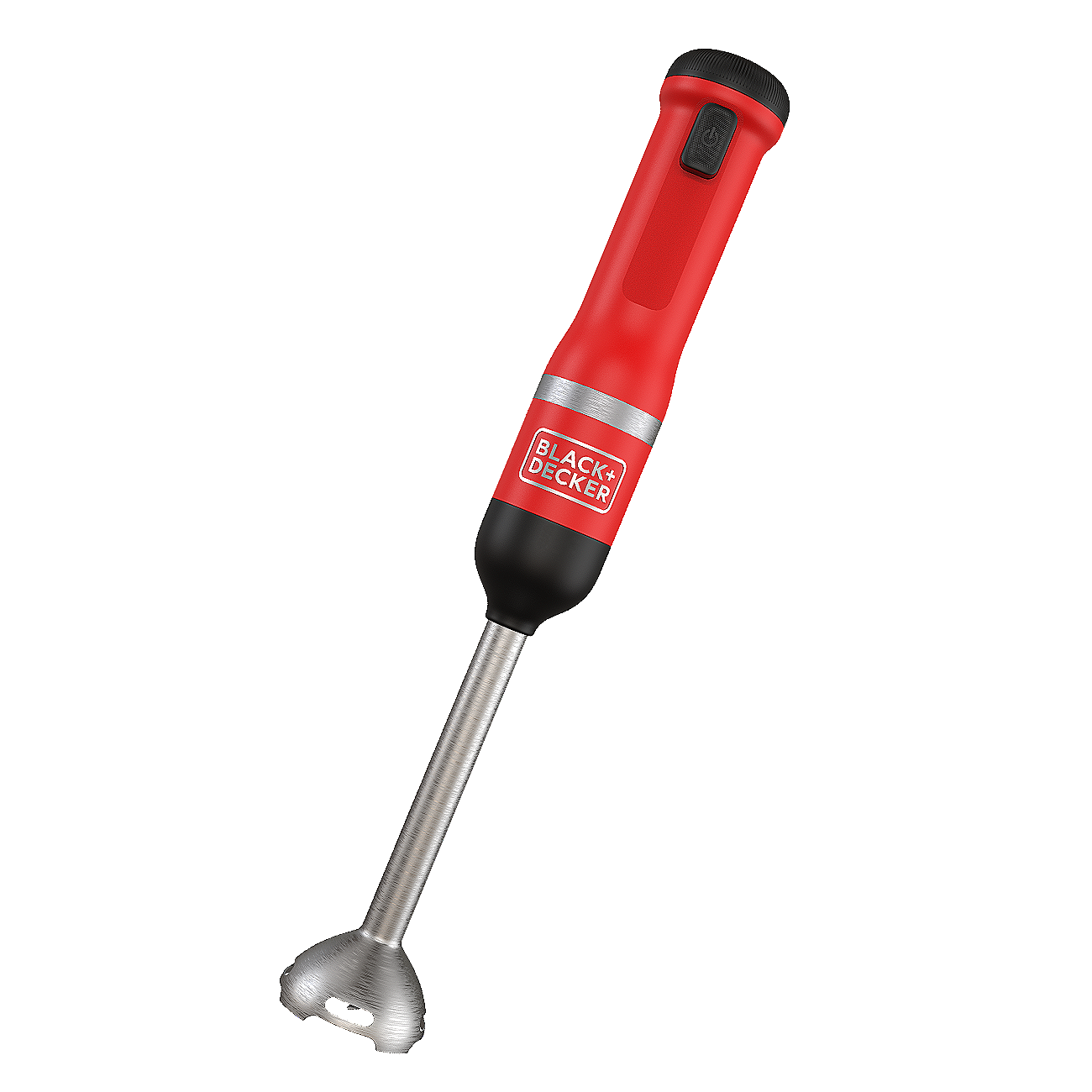 Front view of the red, BLACK+DECKER kitchen wand with immersion blender attached