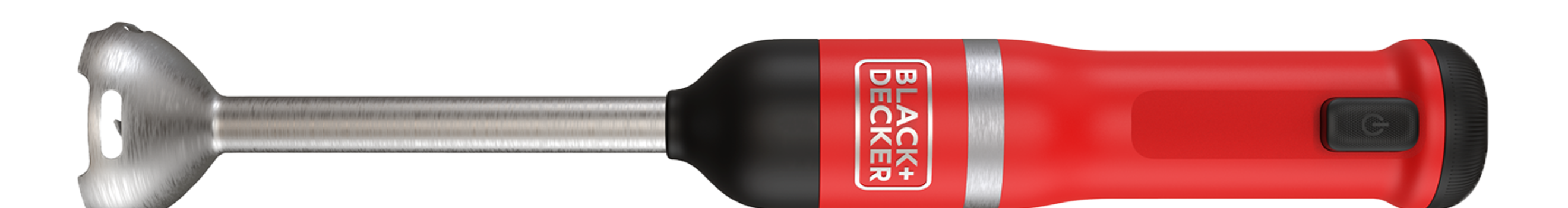 Front view of the red, BLACK+DECKER kitchen wand with immersion blender attached