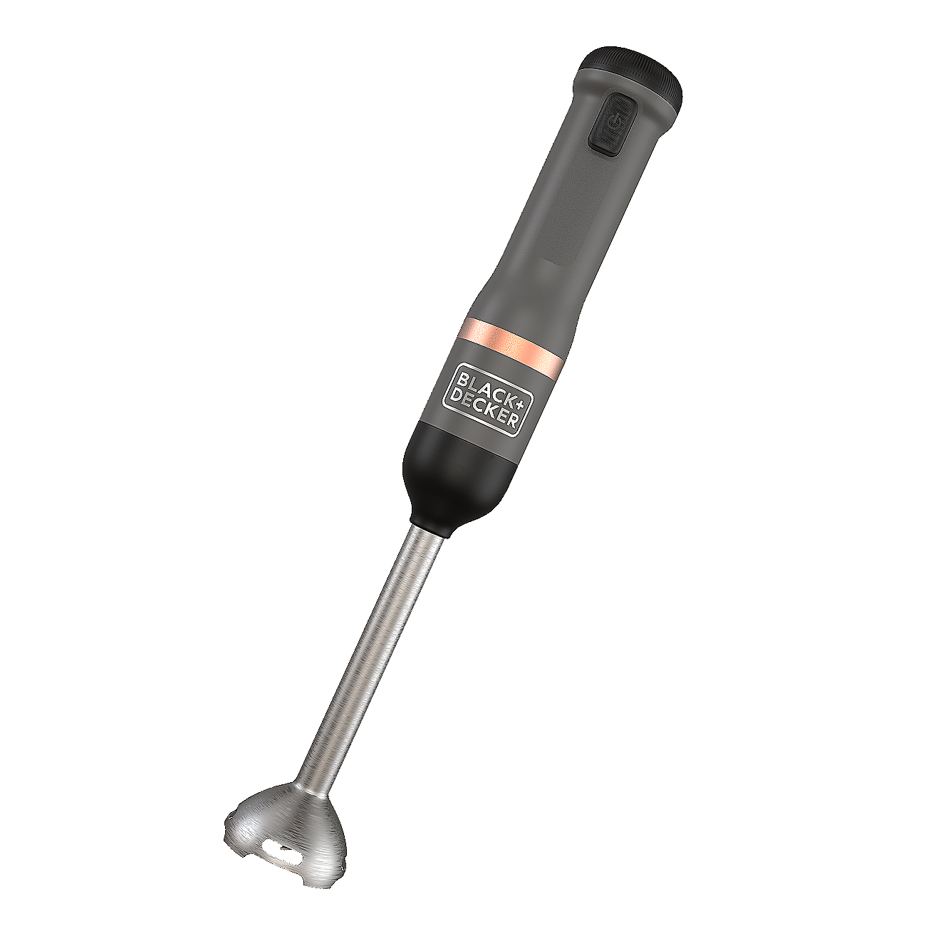 Front view of the grey, BLACK+DECKER kitchen wand with immersion blender attached