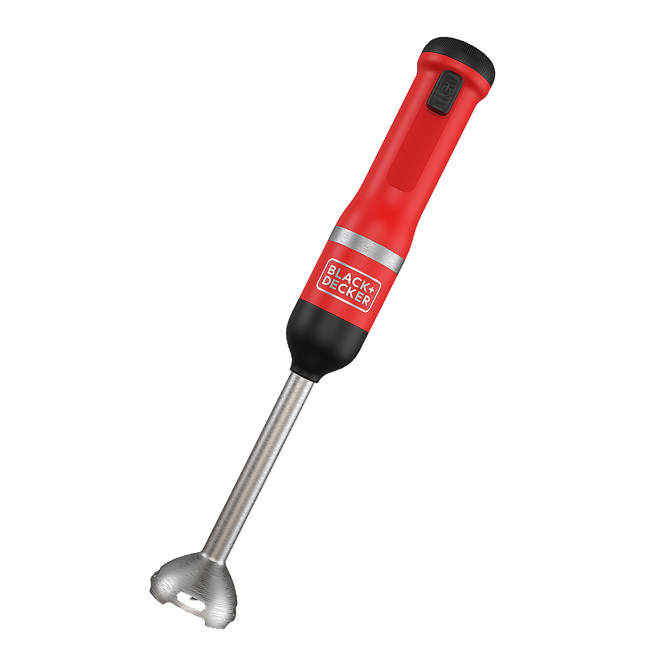 Front view of the red, BLACK+DECKER kitchen wand with immersion blender attached