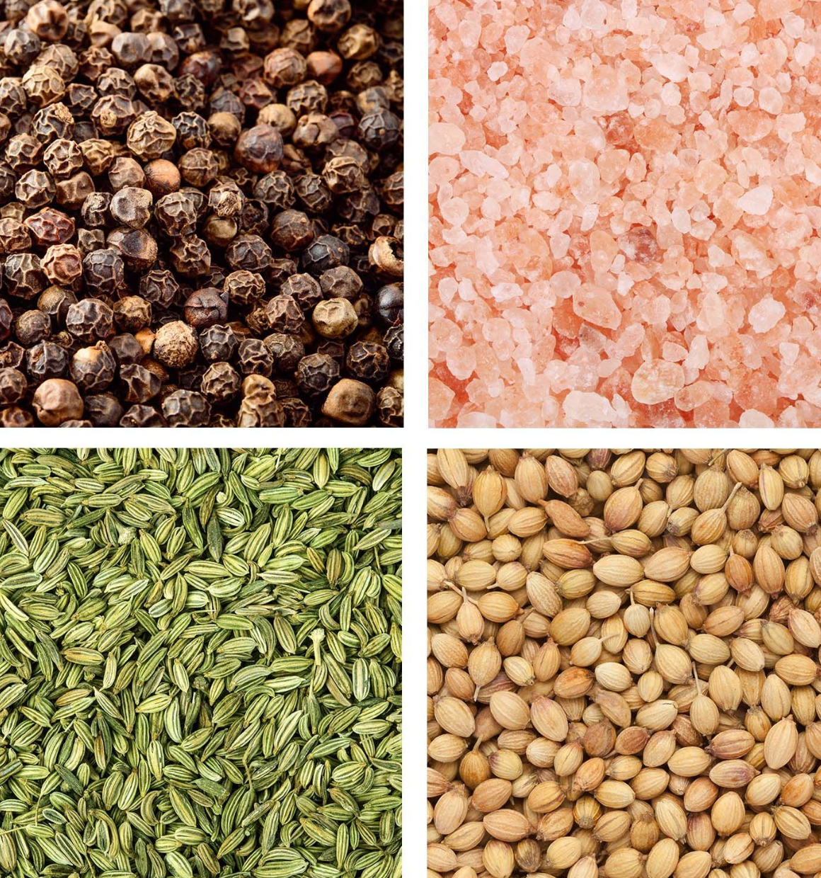 Quadrant image of 4 different spices that can be used with the BLACK+DECKER kitchen wand spice grinder attachment