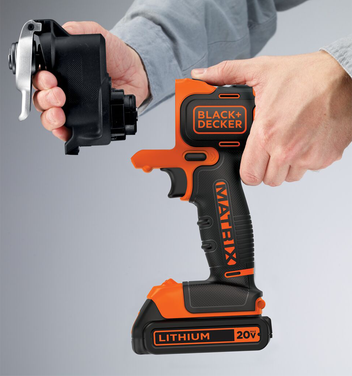 Black and Decker Matrix Oscillating Tool Attachment being placed on a cordless drill
