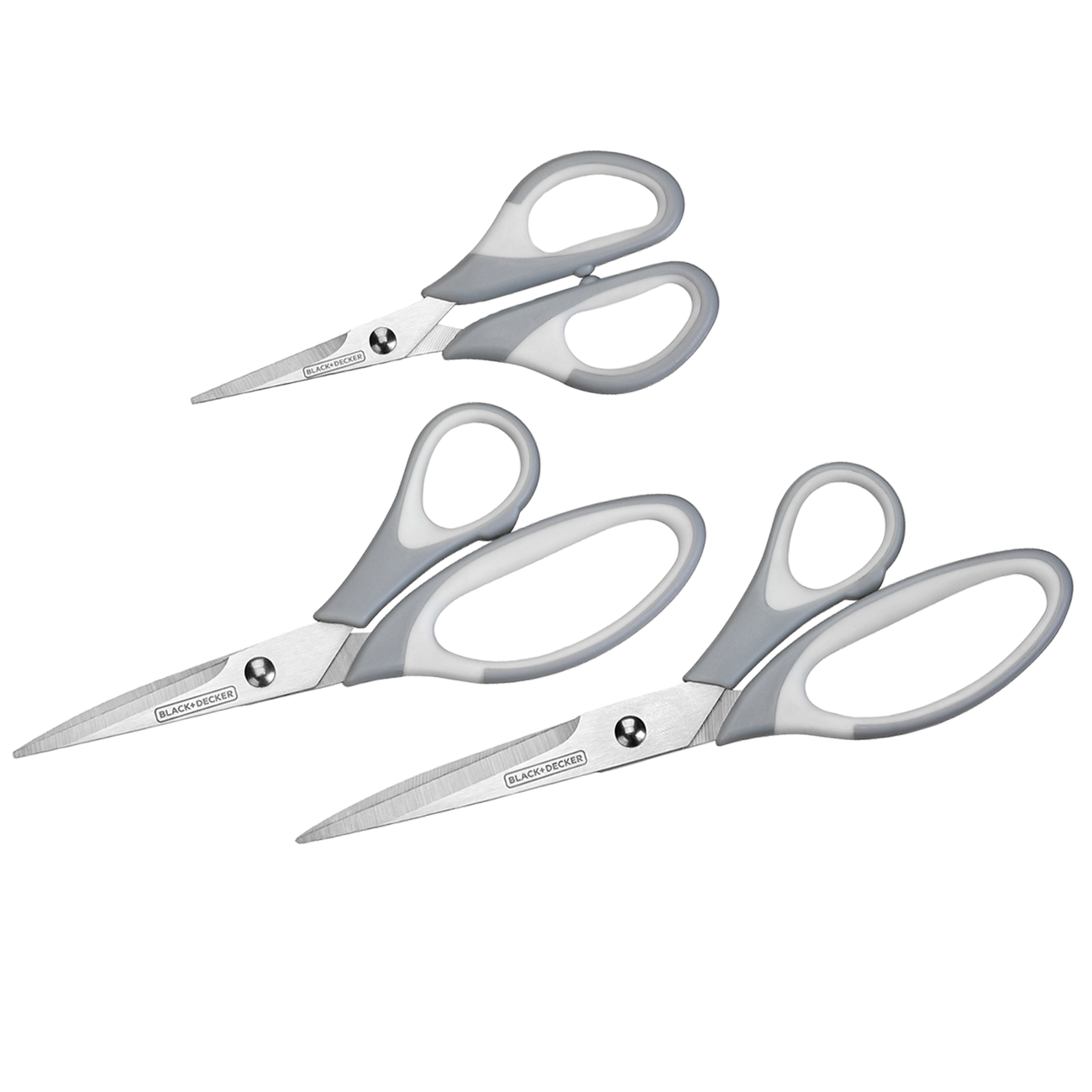 Grey and white multi-pack of 3 scissors in various sizes with blades open