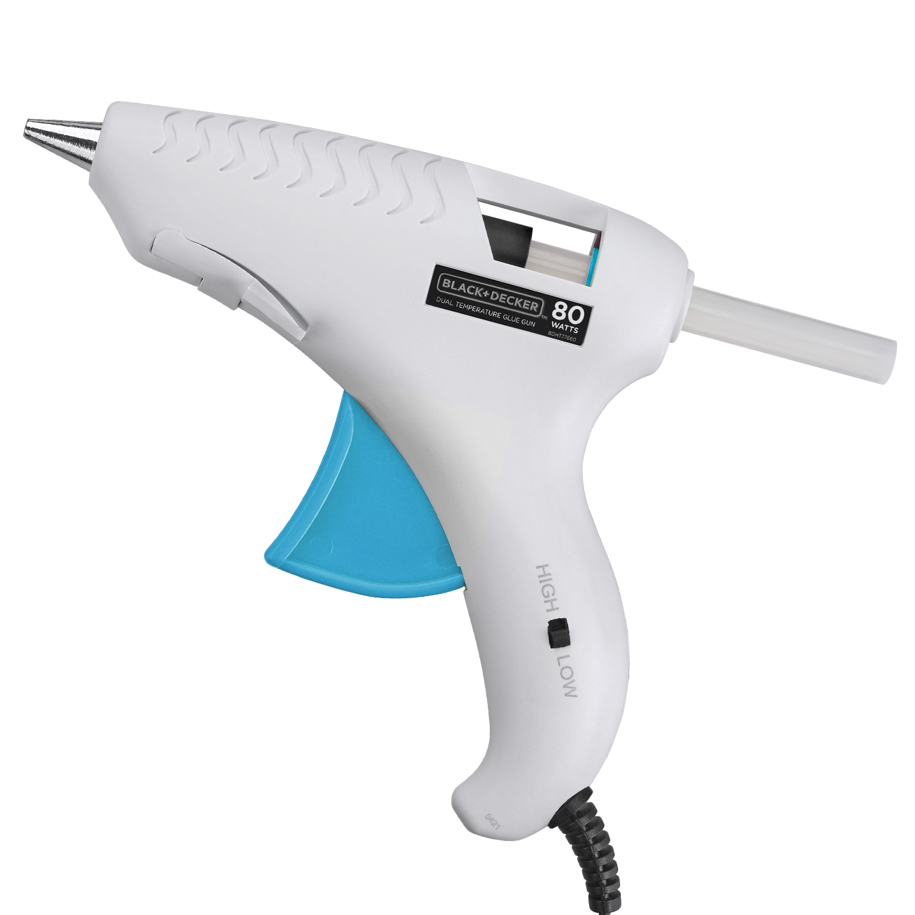 profile of a BLACK+DECKER corded glue gun with glue stick in chamber