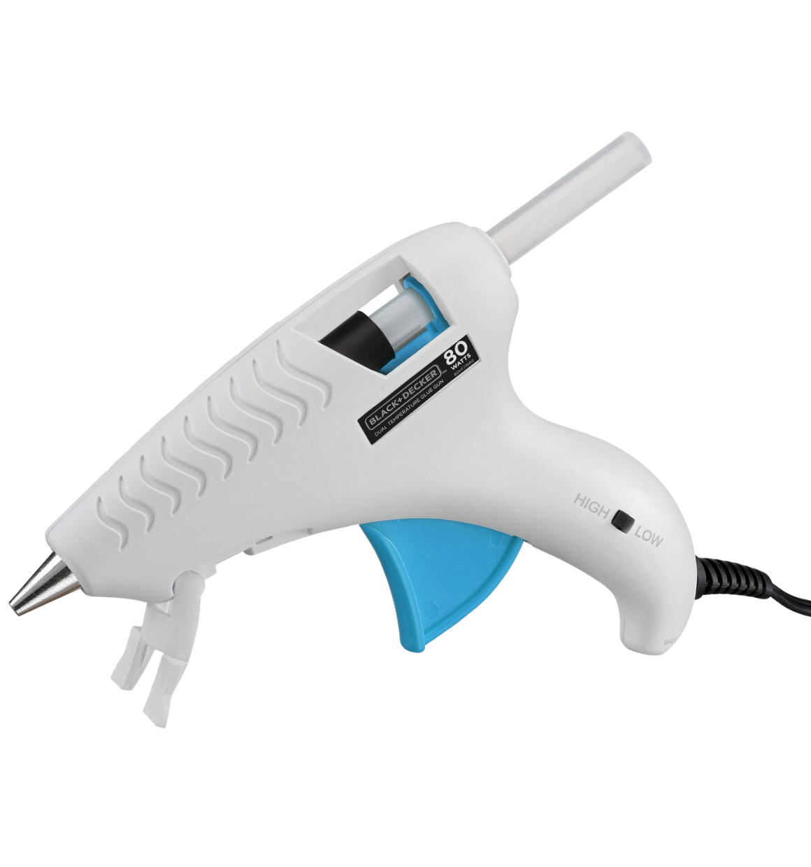 profile of a BLACK+DECKER corded glue gun with glue stick in chamber