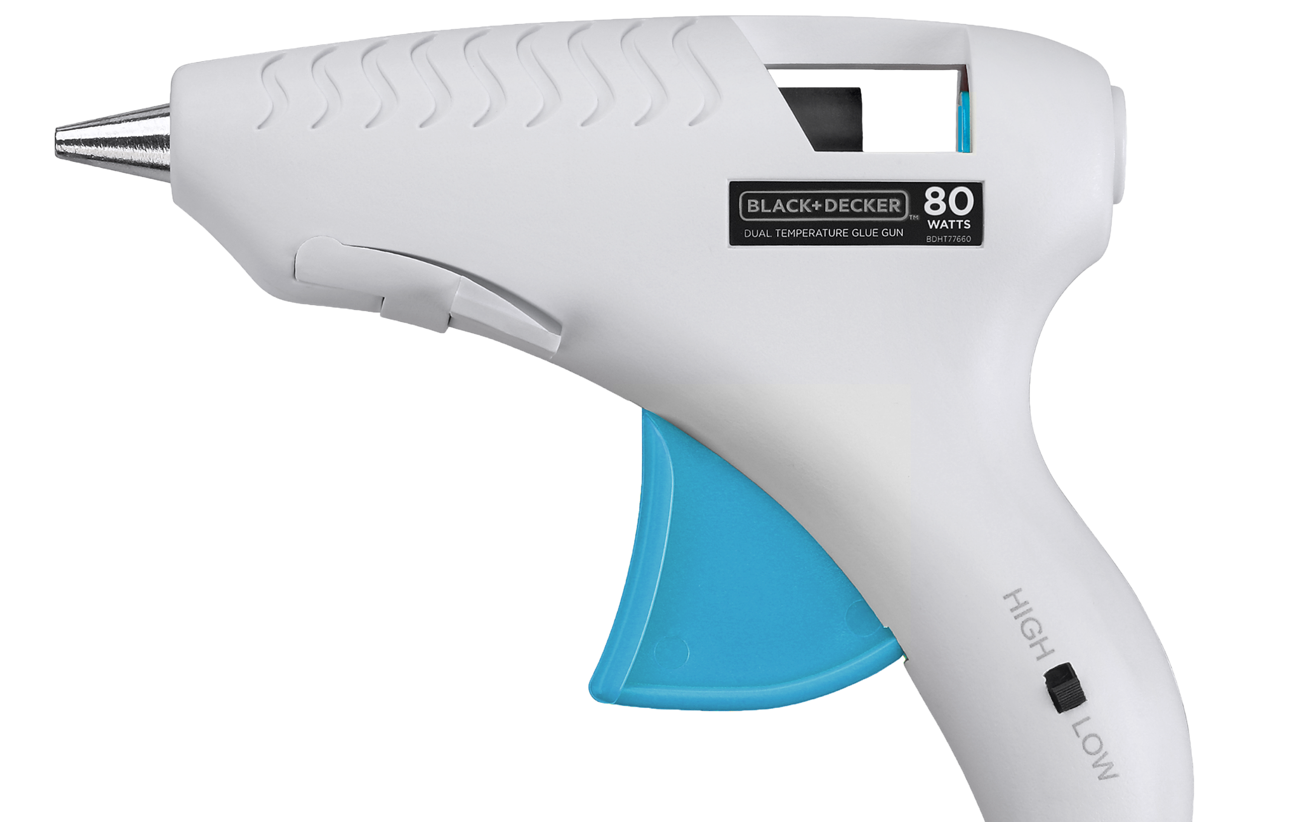 Profile view of Black and Decker corded hot glue gun.