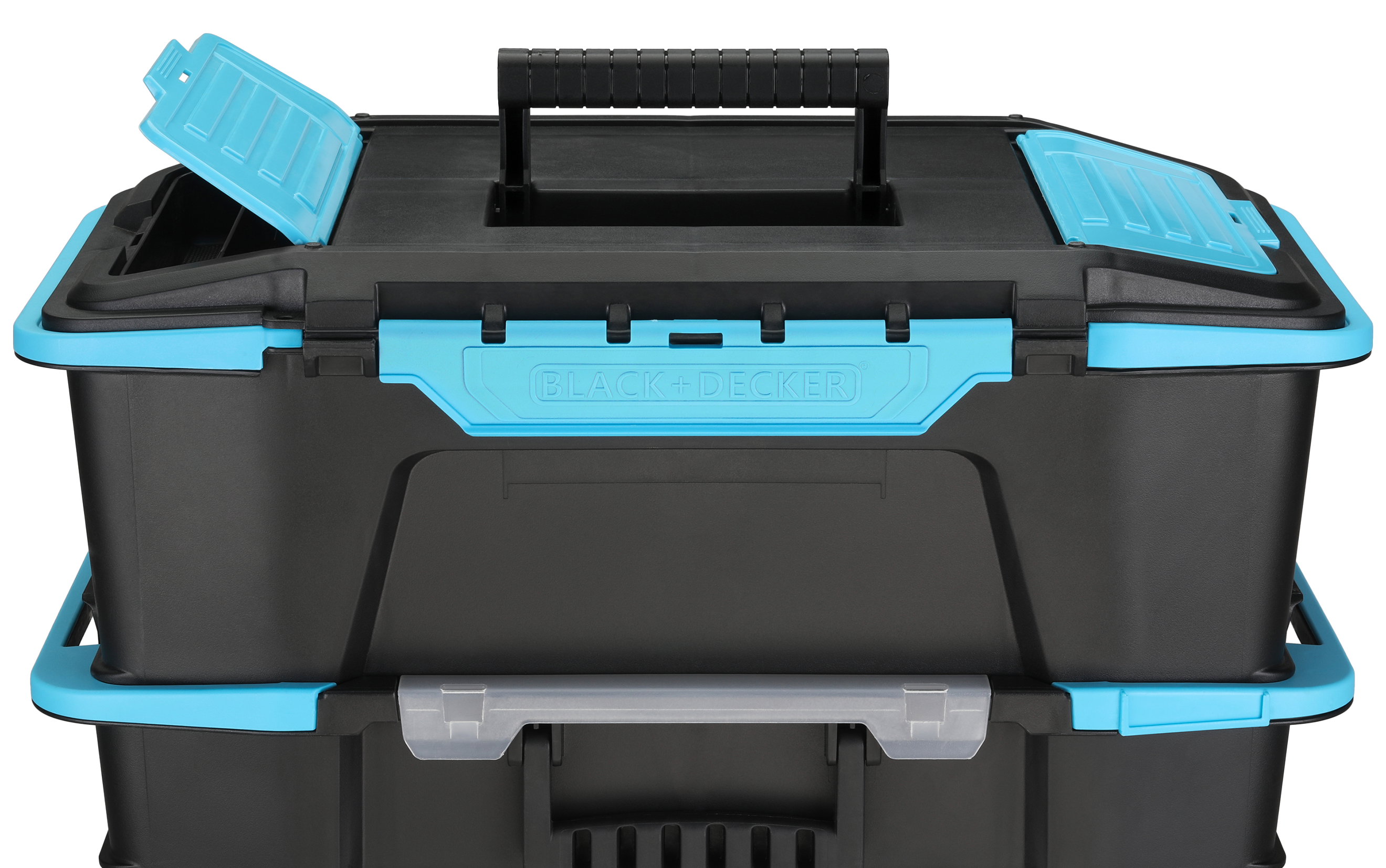 19in. 2in1 Stackable Storage Caddy and Organizer with one side compartment lit opened.